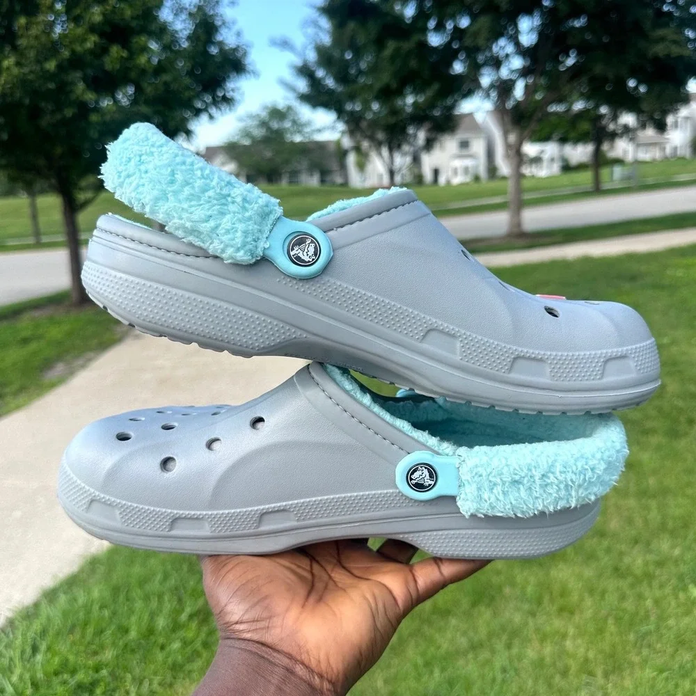 Crocs Adult Baya Lined Fuzzy Strap Clogs Size M11 Gray Aqua Blue Sandals